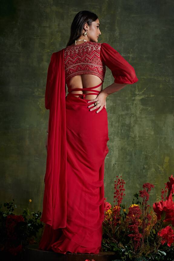 Ridhi Mehra Red Net Chiffon Pre-draped Saree With Blouse 2