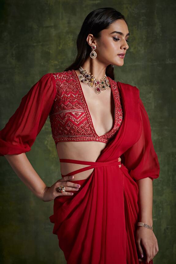 Ridhi Mehra Red Net Chiffon Pre-draped Saree With Blouse 3