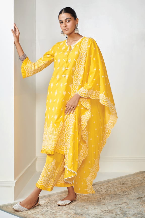 Buy Mulmul Yellow Pure Pima Cotton Asteria Embroidered Kurta Set Online ...