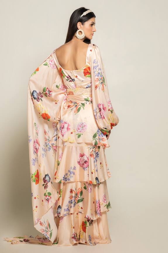 Buy Prints by Radhika Peach Crepe Predraped Ruffle Saree With Belt Online Aza Fashions