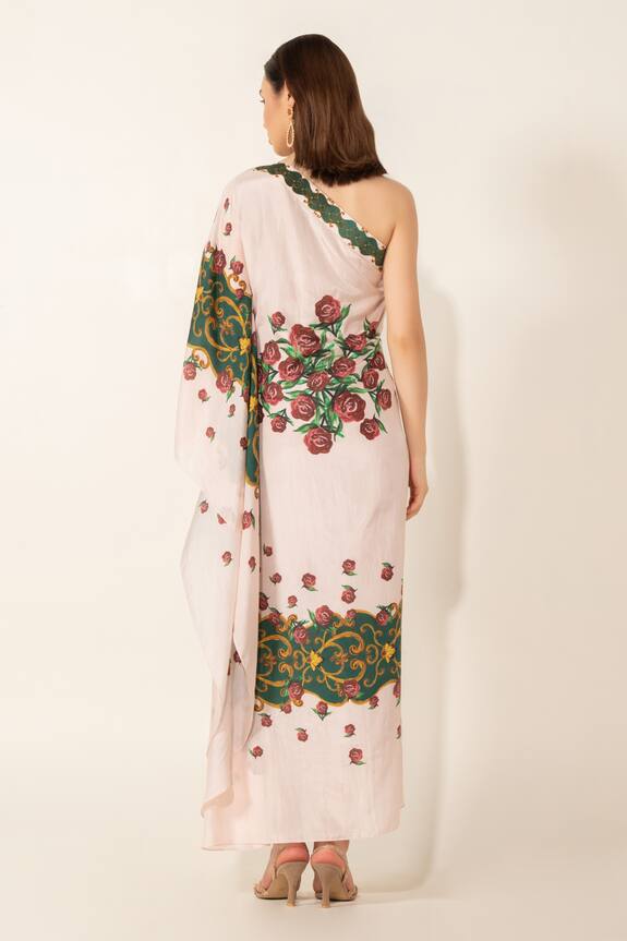 Buy Prints by Radhika White Crepe Silk Printed One Shoulder Kaftan