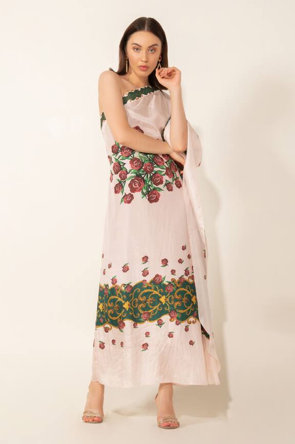 Buy Prints by Radhika White Crepe Silk Printed One Shoulder Kaftan