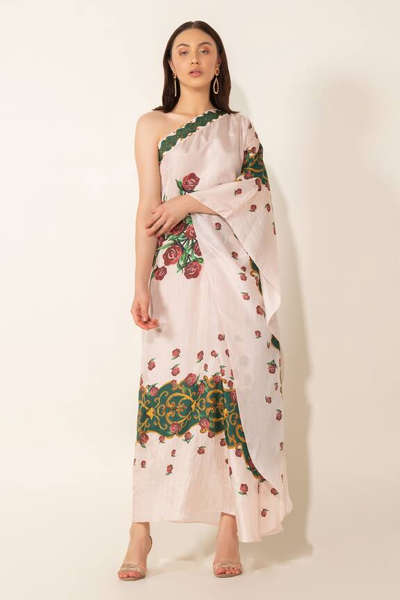 Buy Prints by Radhika White Crepe Silk Printed One Shoulder Kaftan