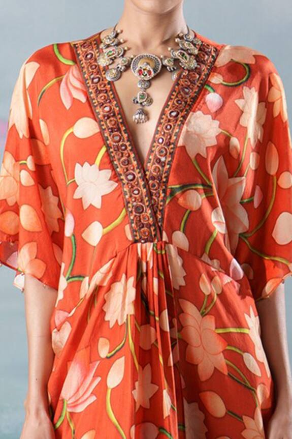 Buy Rajdeep Ranawat Orange Silk Kusum Lotus Print Kaftan Online Aza Fashions