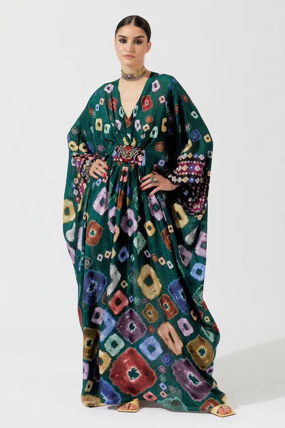 Buy Rajdeep Ranawat Green Silk Printed Kaftan Online | Aza Fashions