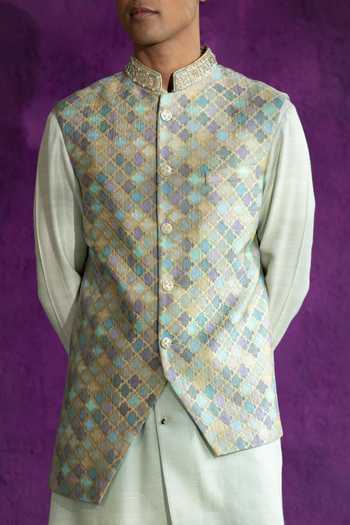 Buy Qbik Green Silk Brocade Embroidered Bundi And Kurta Set Online ...