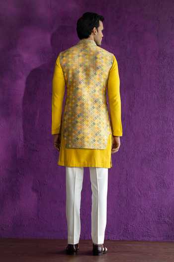 Buy Qbik Yellow Silk Brocade Embroidered Bundi And Kurta Set Online ...