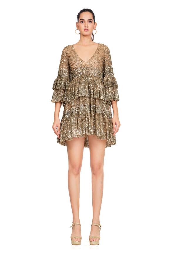 Rocky Star Gold Net Sequin Embroidered Layered Dress 0