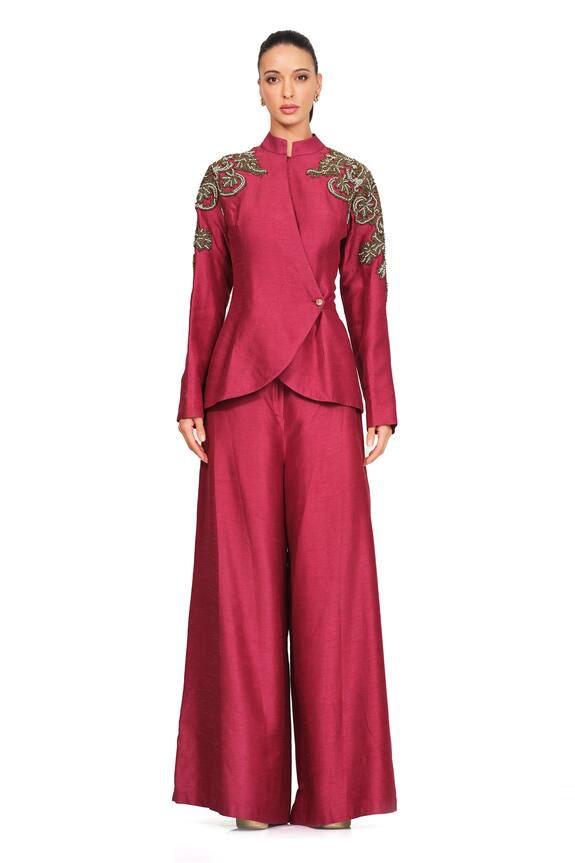Rocky Star Maroon Polyester Lurex Peplum Jacket And Flared Trouser Set 0
