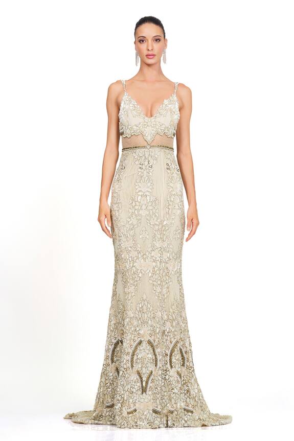 Rocky Star Ivory Net Sequin Embroidered Gown 0