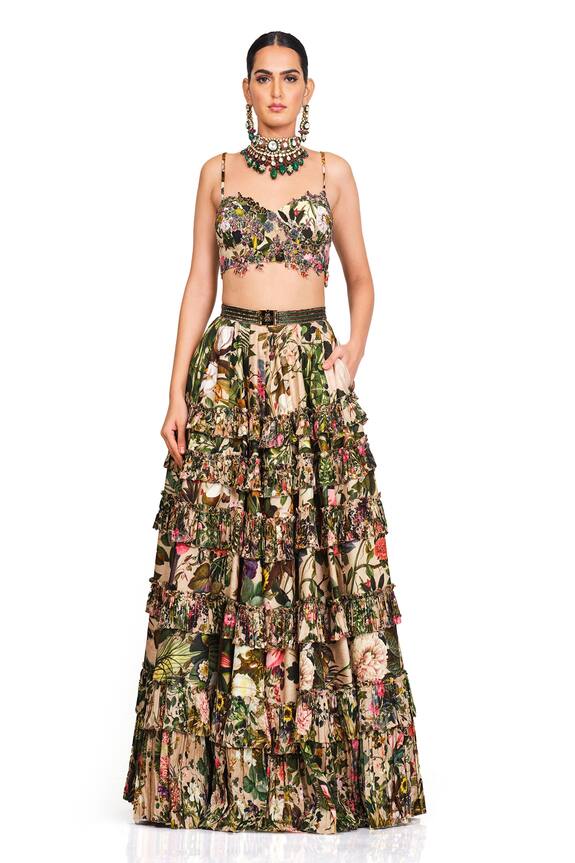 Rocky Star Multi Color Raw Silk Floral Print Bustier And Skirt Set 0