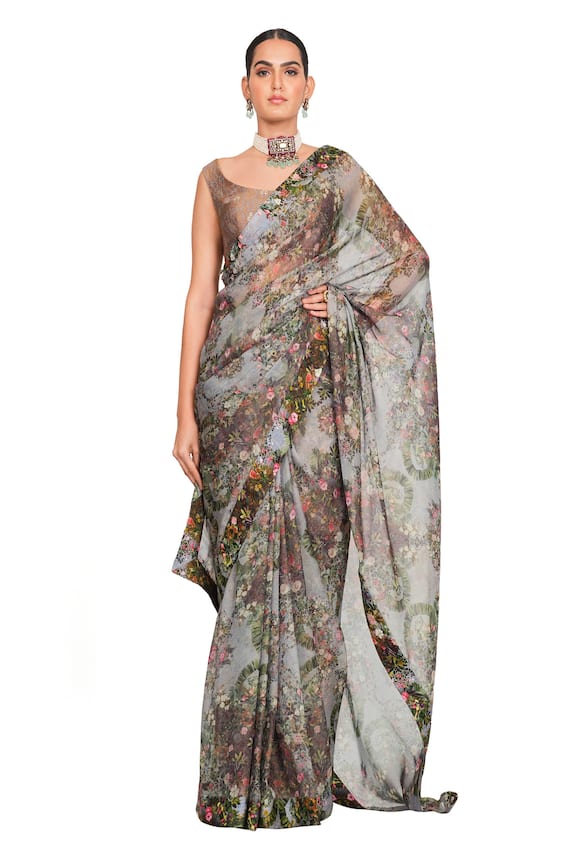 Rocky Star Multi Color Organza Printed Saree With Blouse 0