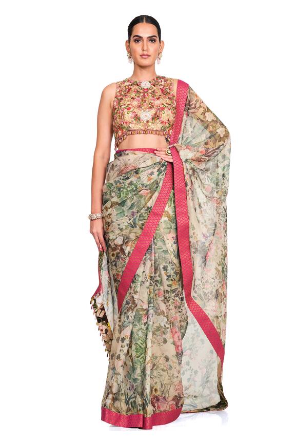 Rocky Star Multi Color Organza Floral Print Saree With Blouse 0