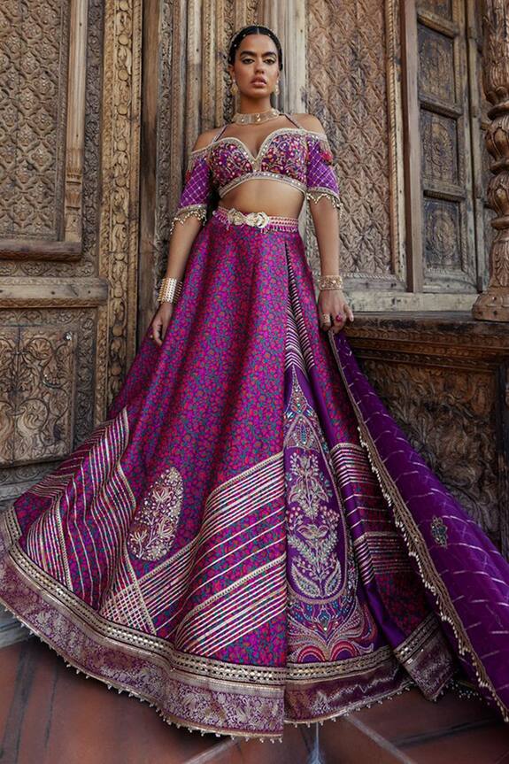 Buy Aditi Gupta Purple Floral Print Jamawar Lehenga Set Online Aza