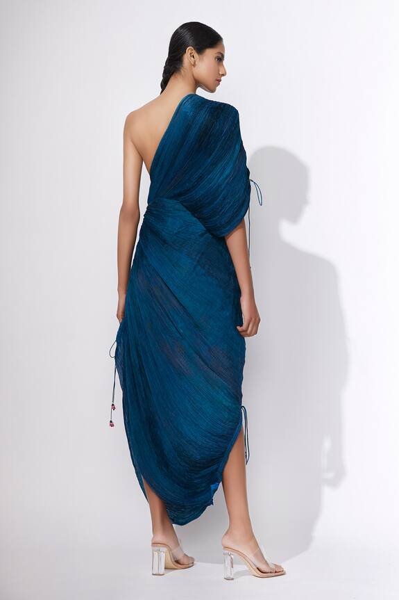 Buy Saaksha & Kinni Blue Chiffon Hand Micro Pleated One Shoulder Dress ...