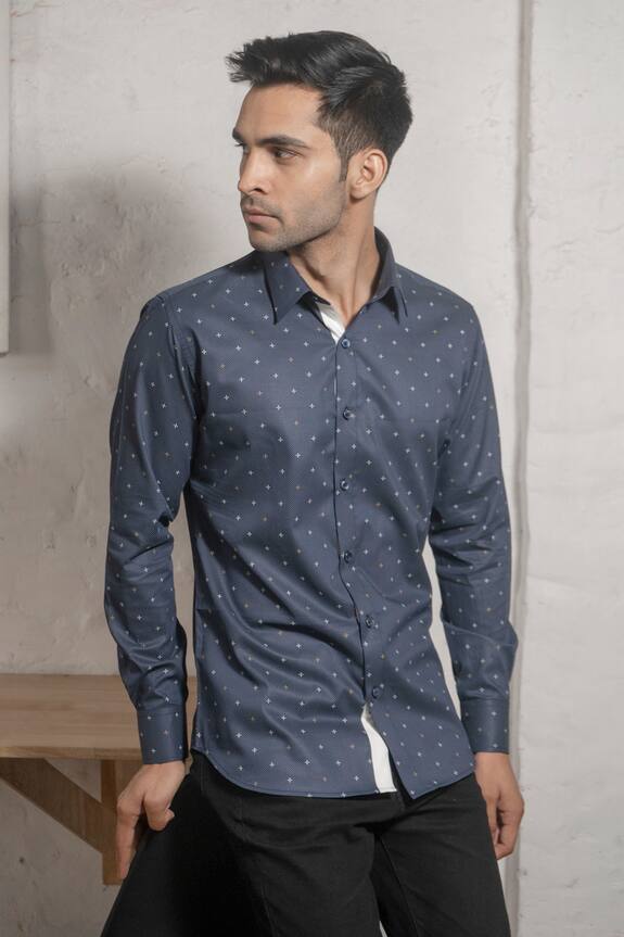 Armen & Co Blue Cotton Geometric Print Shirt 2