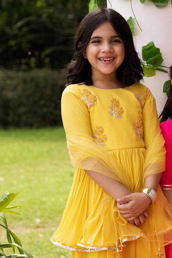Panchhi by Kanupriya Tibrewala Yellow Embroidered Tunic And Palazzo Set For Girls 2