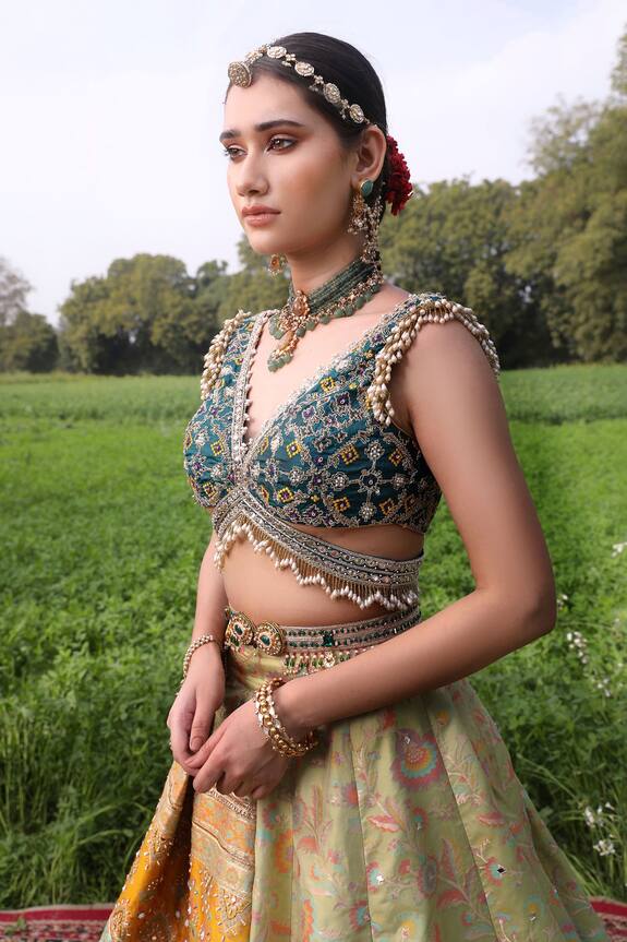 Aditi Gupta_Green Banarasi Silk Layered Lehenga Set_Online_at_Aza_Fashions