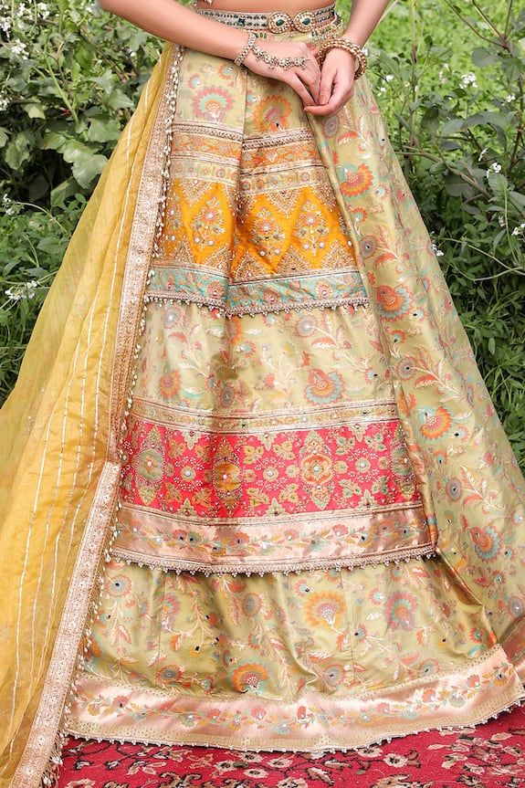 Shop_Aditi Gupta_Green Banarasi Silk Layered Lehenga Set_Online_at_Aza_Fashions