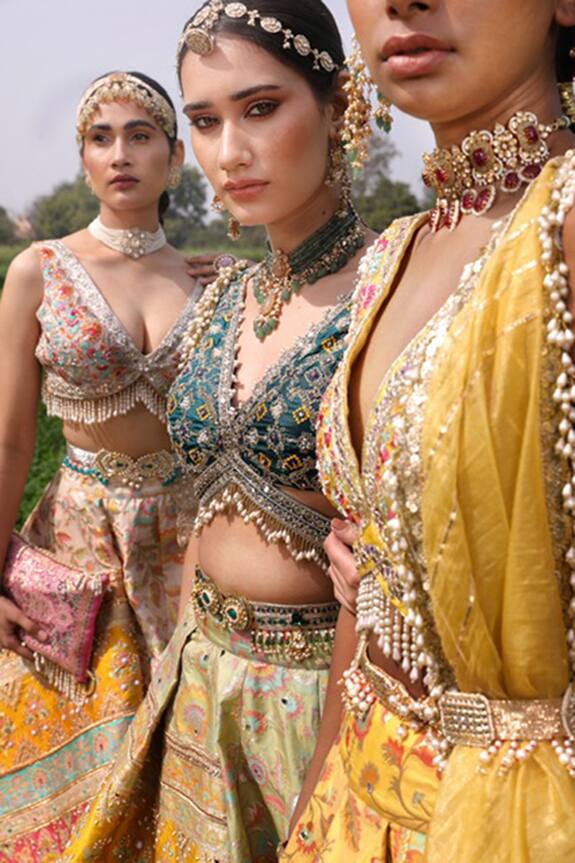 Buy_Aditi Gupta_Green Banarasi Silk Layered Lehenga Set_Online_at_Aza_Fashions