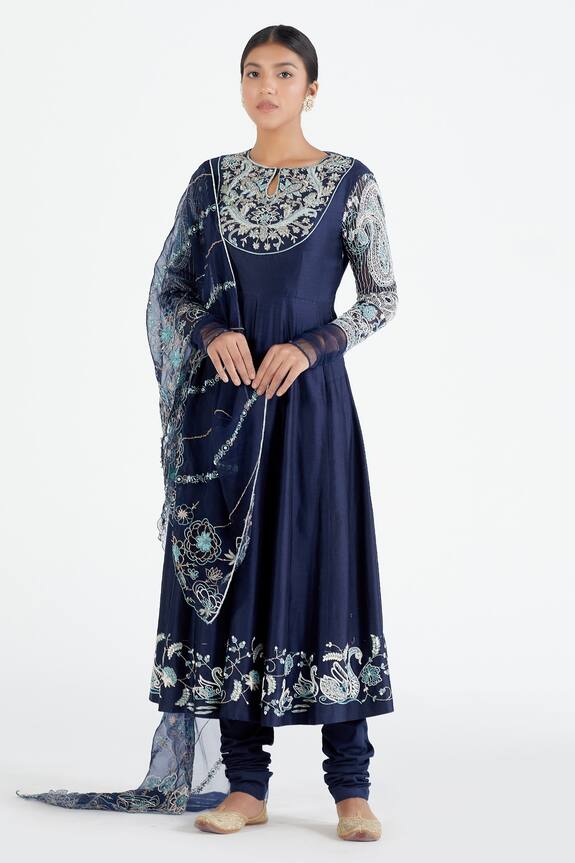 Buy Megha Bansal Blue Silk Organza Hand Embroidered Anarkali Kurta Set