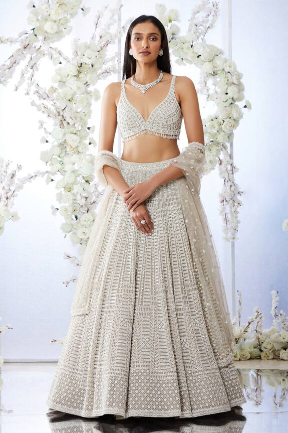 Seema Gujral Grey Net Pearl And Sequin Embroidered Lehenga Set 0