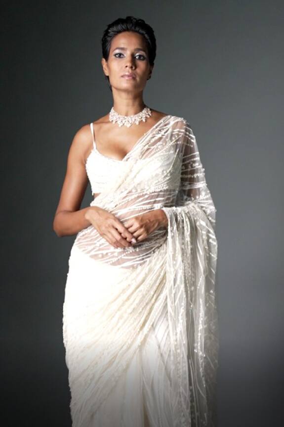 Dilnaz Karbhary White Net Sequins Embroidered Saree 5