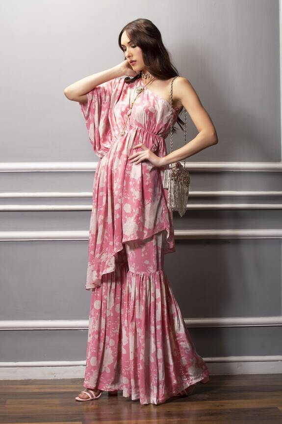 Buy_Sakshi Girri_Pink Crepe Floral Print Tunic And Sharara Set_at_Aza_Fashions