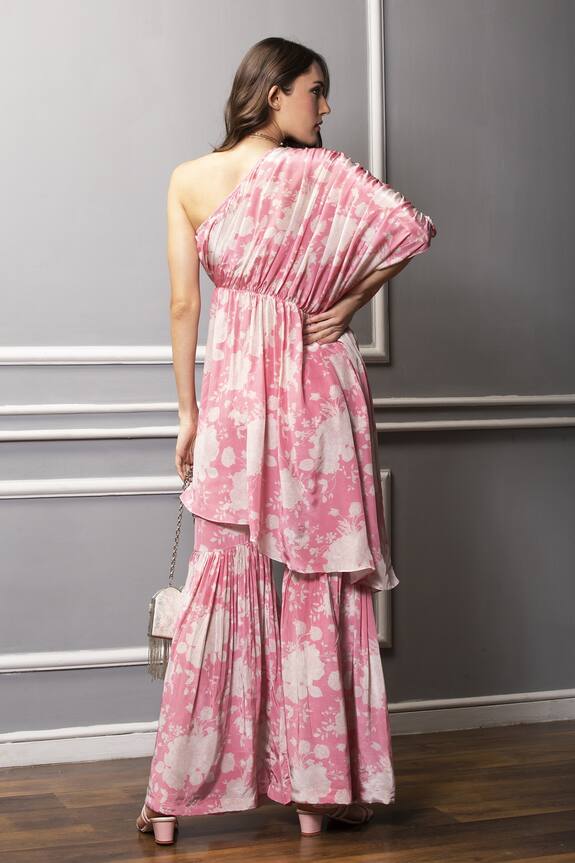 Shop_Sakshi Girri_Pink Crepe Floral Print Tunic And Sharara Set_at_Aza_Fashions