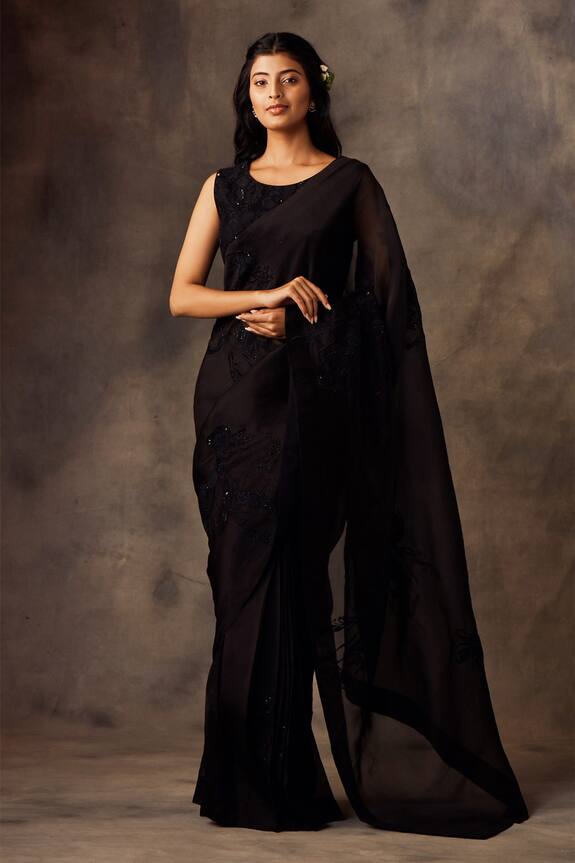 Shilpi Gupta Black Silk Organza Embroidered Pre-draped Saree With Blouse 0