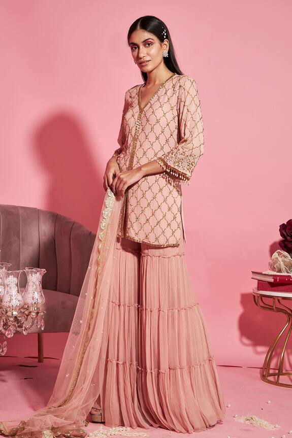 Sanya Gulati Pink Georgette Embroidered Kurta Set 0