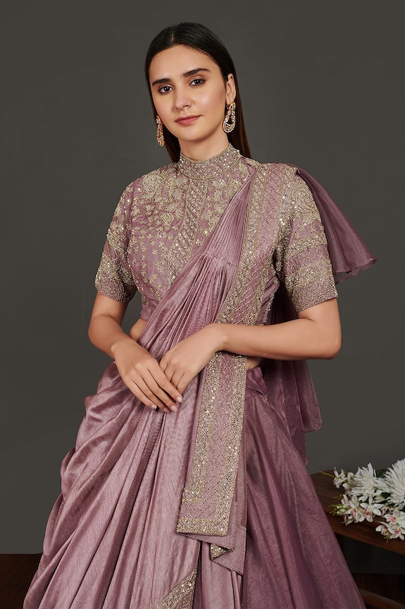 Buy Onaya Purple Mysore Silk Embroidered Blouse And Lehenga Set Online ...