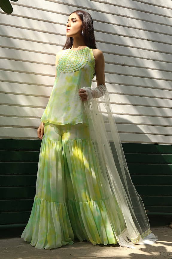 Surbhi Gupta Green Georgette Tie-dye Kurta Sharara Set 0