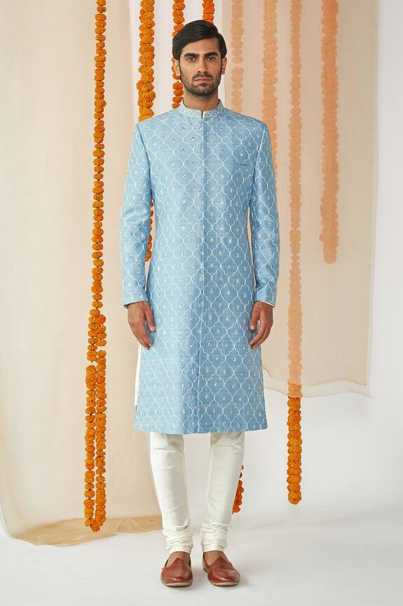 Buy Tisa Men Blue Viscose Polyester Embroidered Sherwani Set Online Aza Fashions 3177