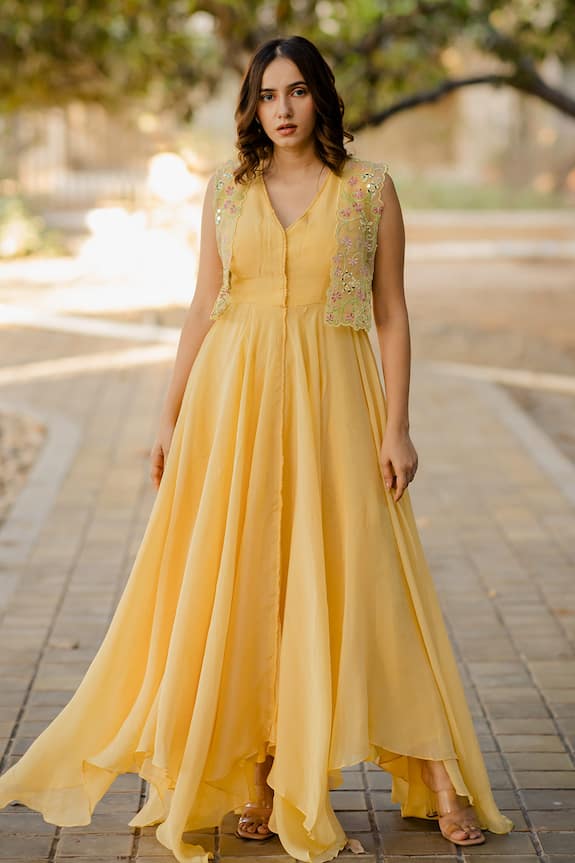 Nikita Vishakha Yellow Organza Handkerchief Dress With Shrug 0
