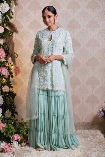 Embroidered Chinnon Kurta With Sharara & Dupatta main image 1