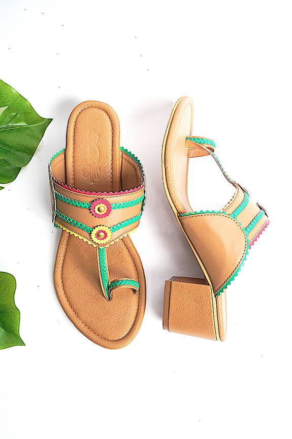 Sole House Beige Vegan Leather Embroidered Kolhapuri Block Heels 0
