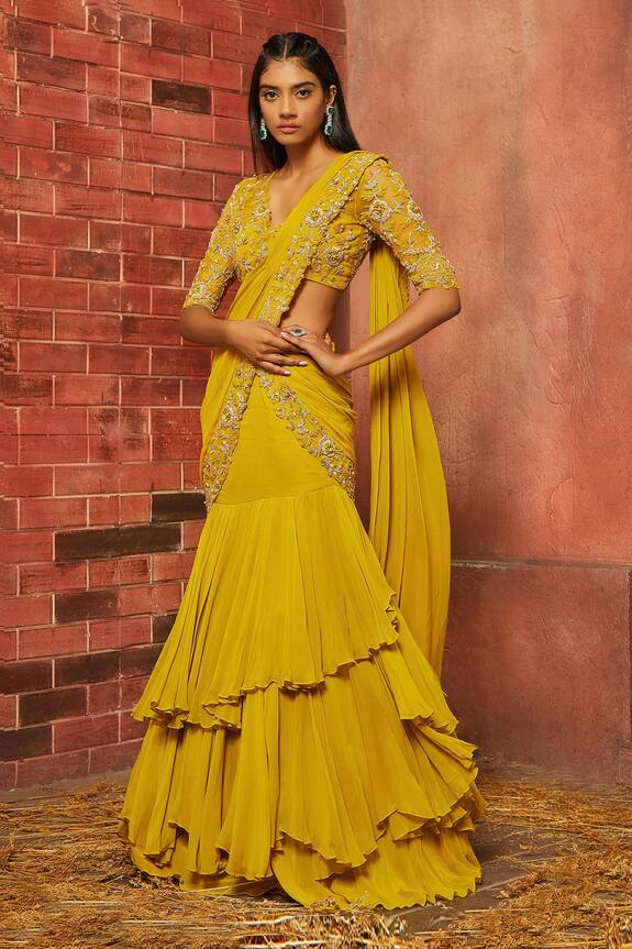 Shloka Khialani Yellow Georgette Embellished Pre-draped Saree 0