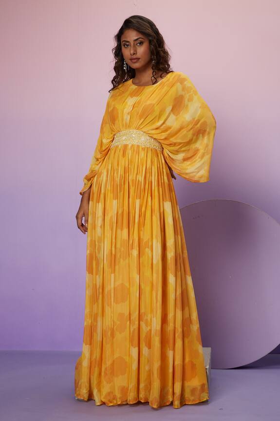 Buy Avaha Yellow Muslin Silk Blend Abstract Print Kaftan Online Aza