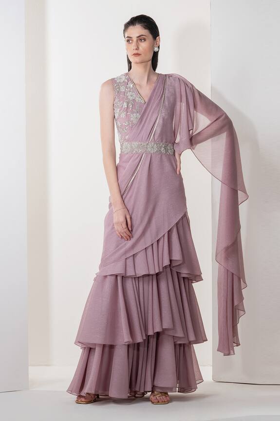 Namrata Joshipura Purple Shimmer Chiffon Gardenia Pre-draped Saree Gown 1