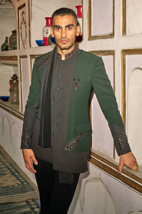 Sarab Khanijou Green Sandwash Embroidered Bandhgala And Trouser Set 0