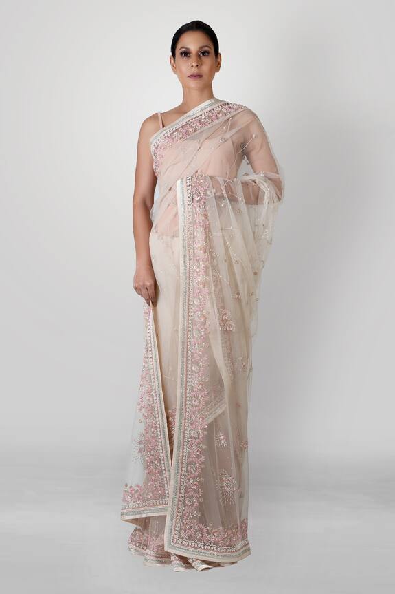 Kavita D White Embroidered Net Saree 1