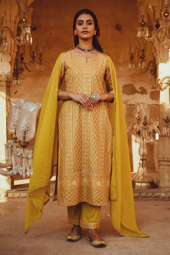 Buy Karaj Jaipur Yellow Chikankari Kurta Set Online | Aza Fashions