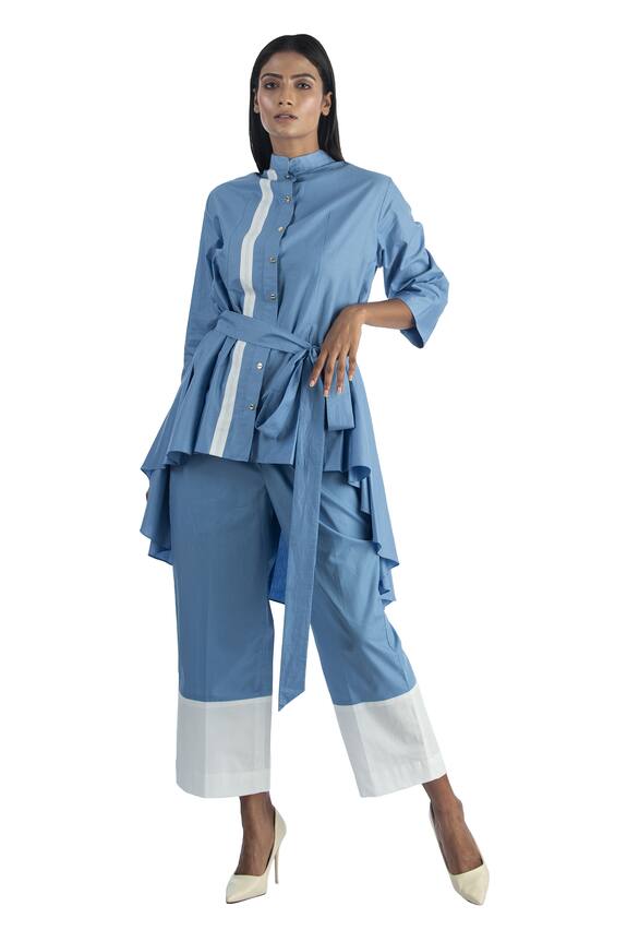 Studio Moda India Blue Cotton Panelled Shirt And Pant Set 0