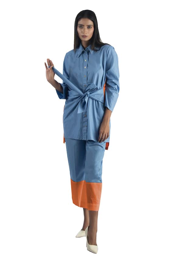 Studio Moda India Blue Cotton Tie-up Shirt And Pant Set 0