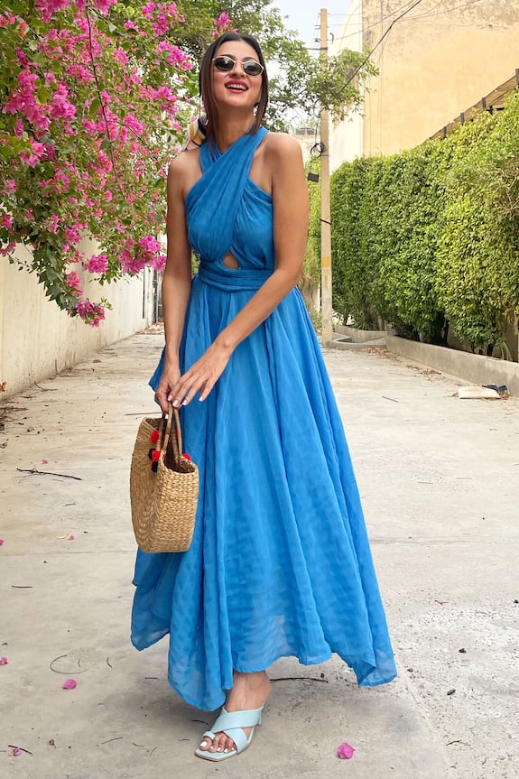 House of Fett Blue Textured Georgette Serene Halter Neck Santorini Gown 4