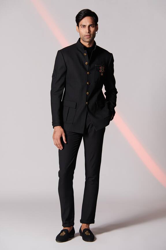 S&N by Shantnu Nikhil Black Poly Blend Mandarin Collar Bandhgala 0