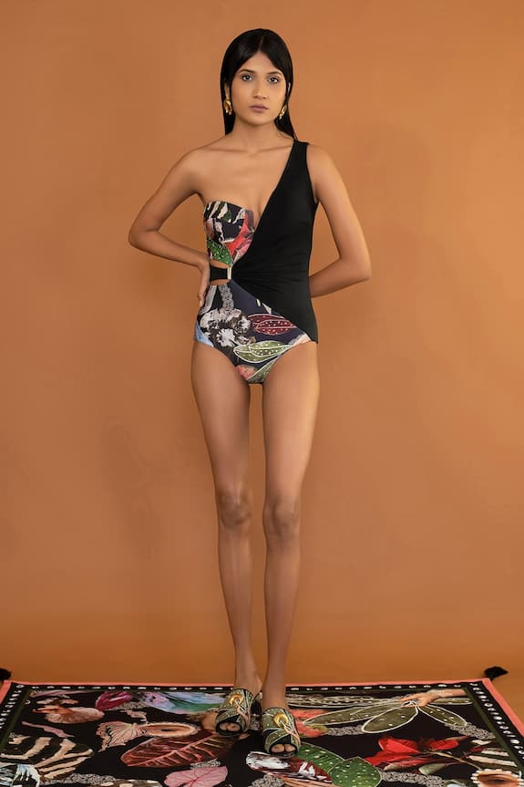 Shivan & Narresh Black Sustainable Econyl Swimwear Jersey Printed One Shoulder Trikini 1