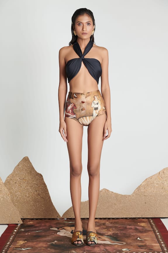 Shivan & Narresh Black Sustainable Econyl Swimwear Jersey Printed Bikini Set 1