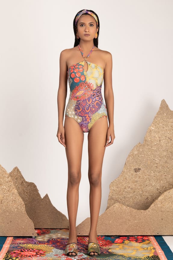 Shivan & Narresh Multi Color Sustainable Econyl Swimwear Jersey Halter Printed Monokini 1